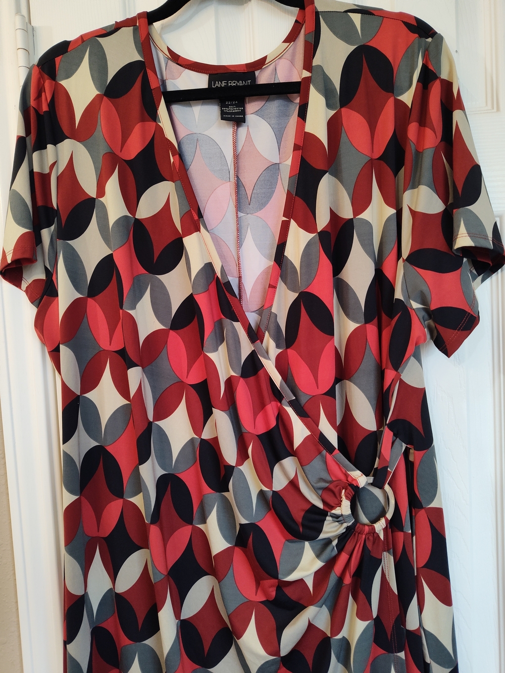 Lane Bryant Red Black Cream Geometric Midi Wrap Dress - Picture 2 of 5